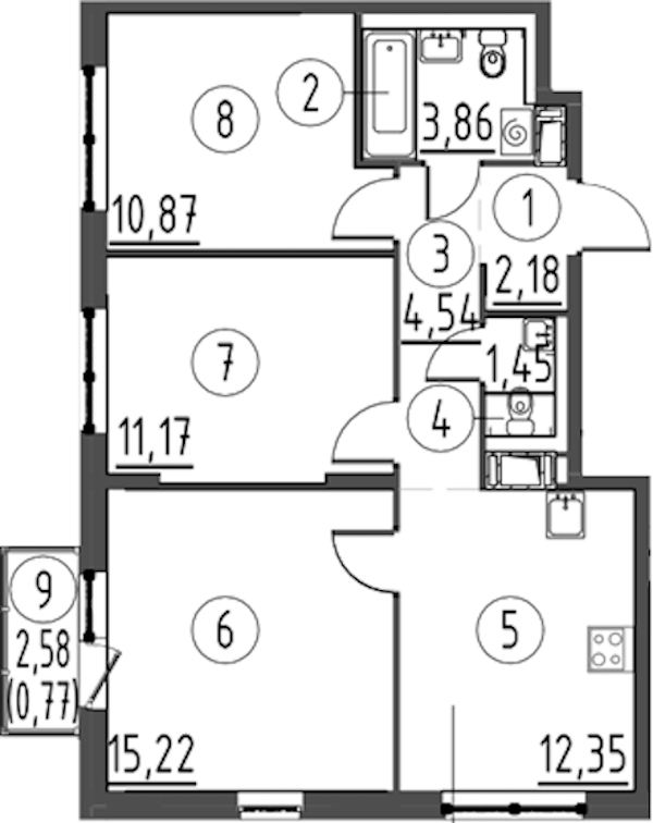 3-комнатная квартира 62.41 м², 12/13 эт., ЖК «Квартал Торики»
